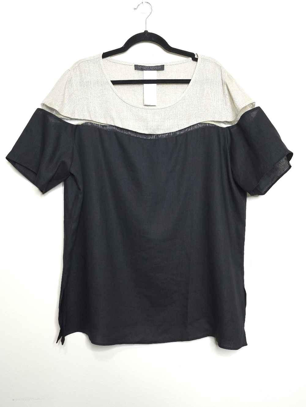 Marina Rinaldi 100% Linen Colorblock Blouse Black Beige US Size 18 Quiet Luxury